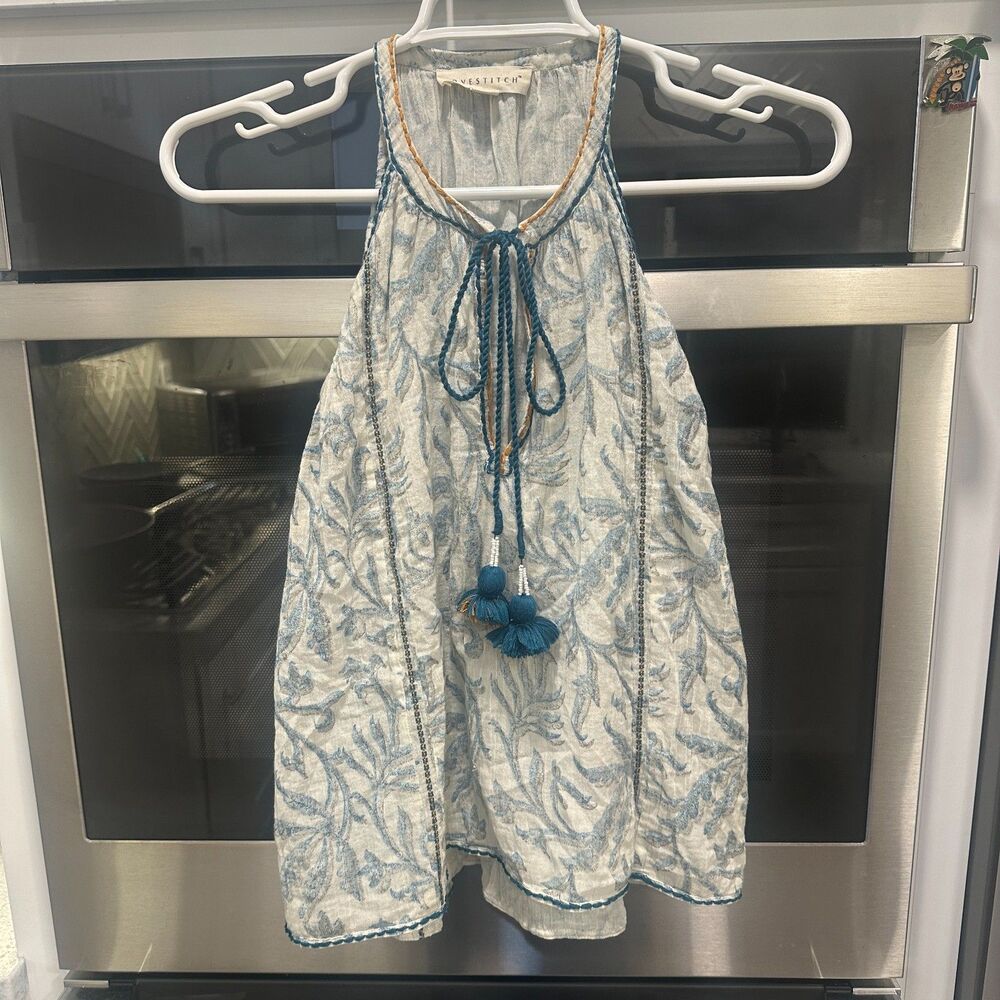 Lovestitch Teal Blue Cream Floral Tassel Tie Top Boho Peasant Blouse Women Small